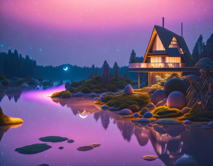 Tranquil twilight scene of modern house by calm lake