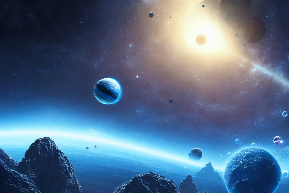 Colorful space scene with planets and asteroids under a bright star