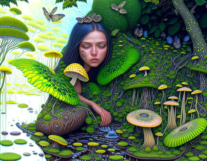 Surreal illustration of woman merged with nature and vibrant mushrooms, foliage, butterflies