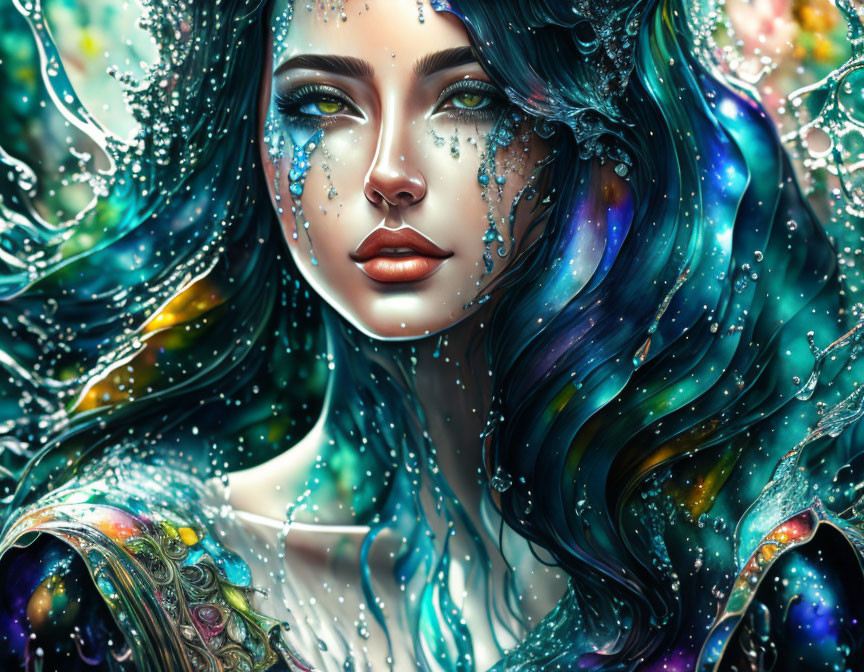 Illustration of woman with cosmic blue hair and water splashes.