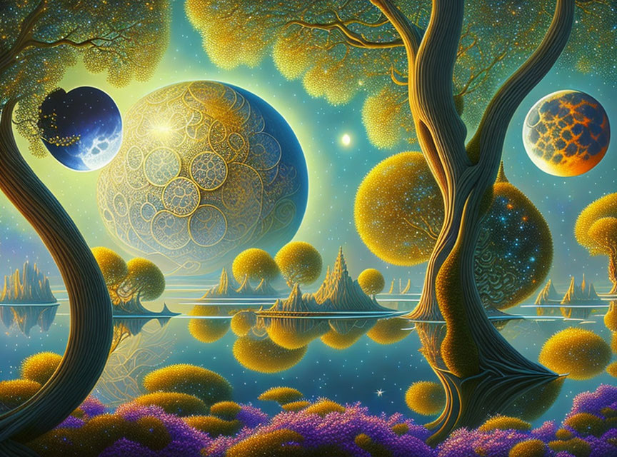 Vibrant trees, celestial orbs, floating islands in a fantastical landscape