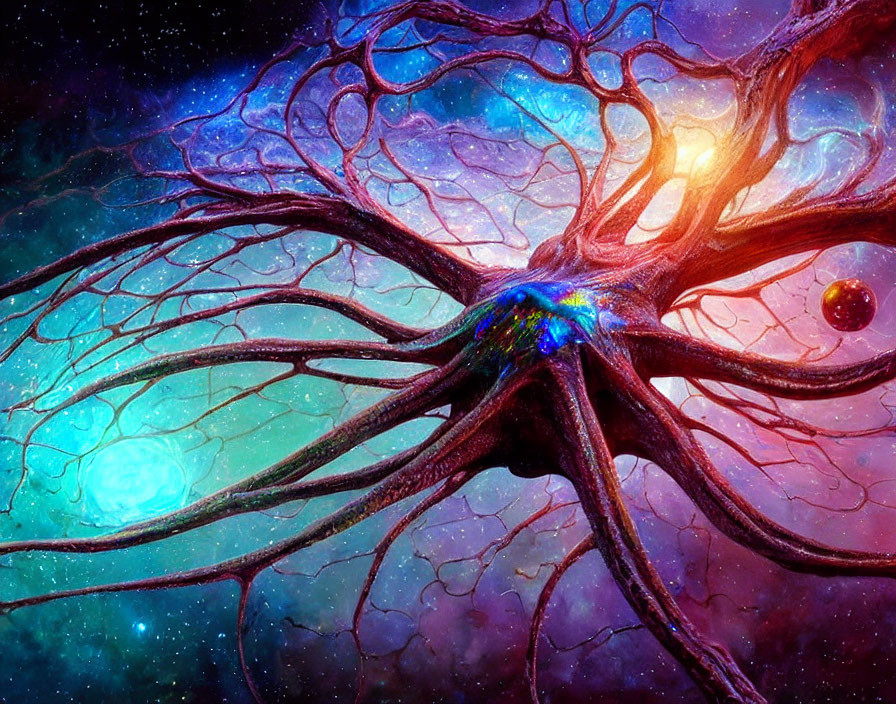 Cosmic tree with sprawling branches against vibrant starry background