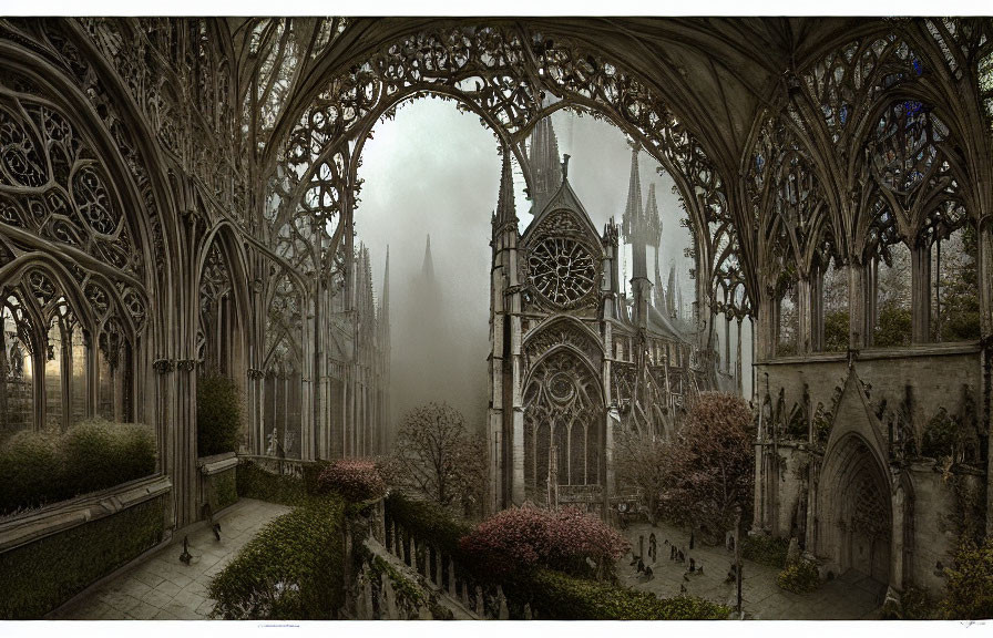 Detailed Stone Arches and Stained Glass in Gothic Cathedral Interior