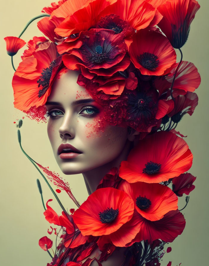 Woman with Red Poppies and Petals in Hair and Makeup Palette