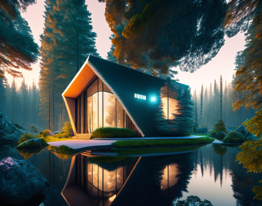 Modern architectural house with large glass windows in tranquil forest at dusk