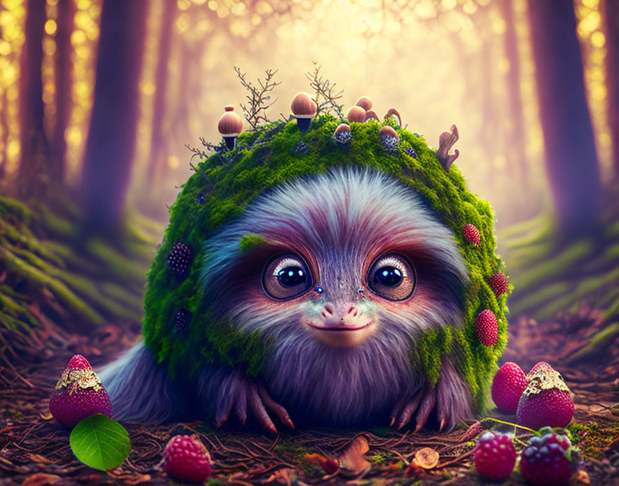 Sloth-faced creature with mossy shell in enchanted forest