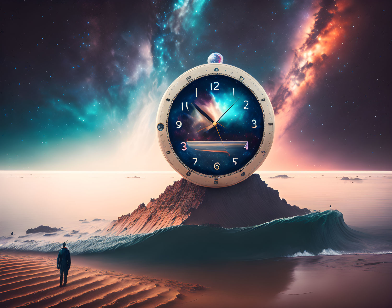 Person standing on desert dune gazes at giant clock in cosmic sky above surreal landscape