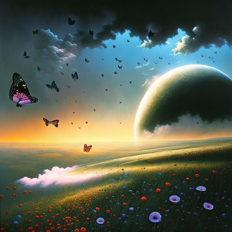 Surreal landscape with large planet, butterflies, flowers, dusk to dawn transition