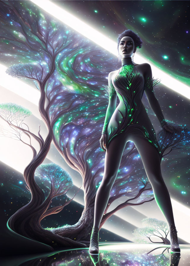 Futuristic female figure with glowing tree patterns in cosmic backdrop