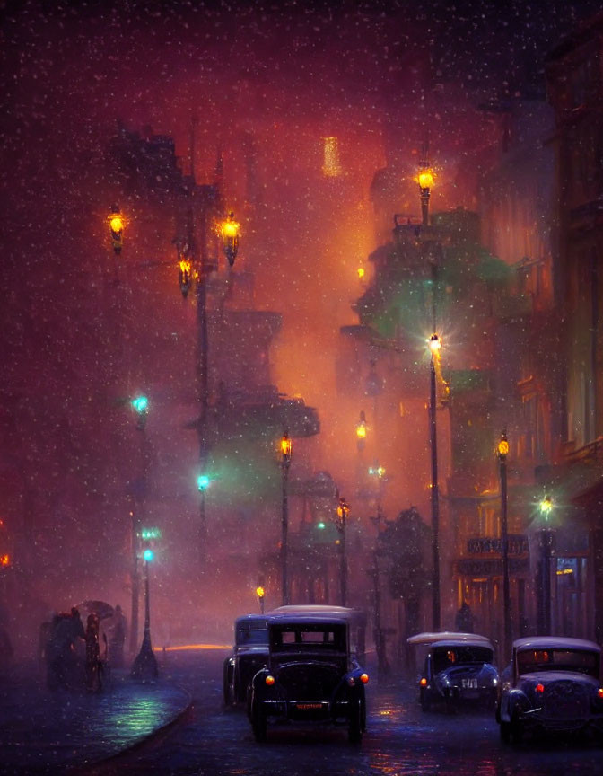 Vintage street scene at night with glowing lights, falling snow, classic cars