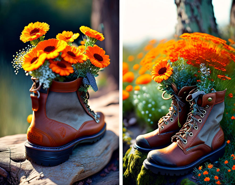 Brown Boots with Orange Flowers on Blurred Background