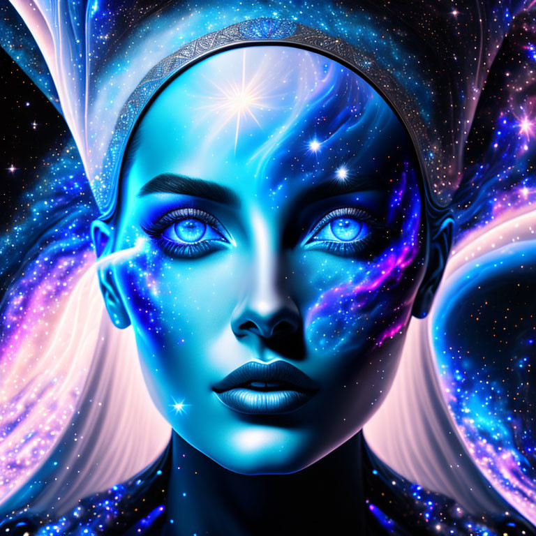 Blue-skinned woman with cosmic patterns and glowing eyes in space-themed portrait