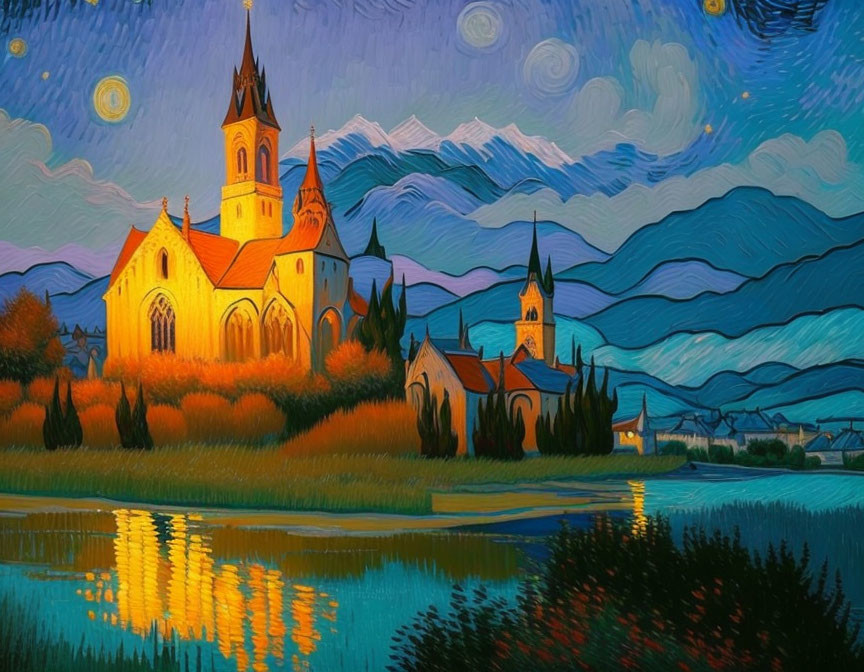 Colorful Van Gogh-inspired painting: Church, river, starry sky