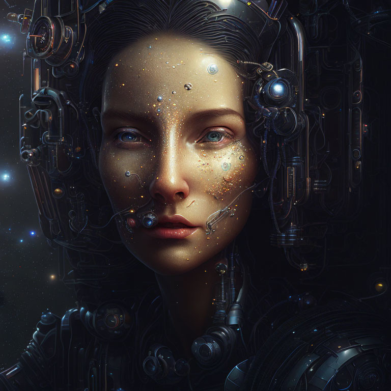 Digital artwork of a woman with cyborg features in cosmic setting