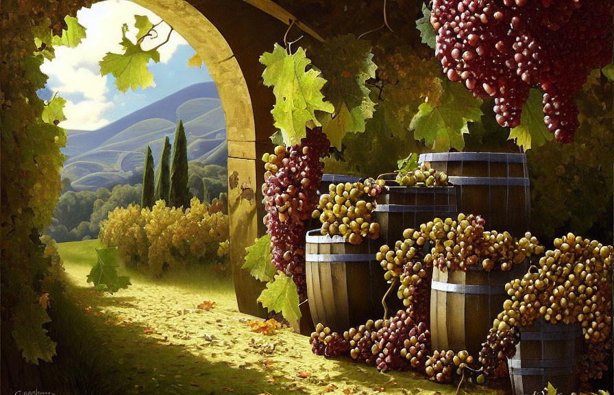 Ripe grape bunches, wooden barrels, and rolling hills in vineyard scene