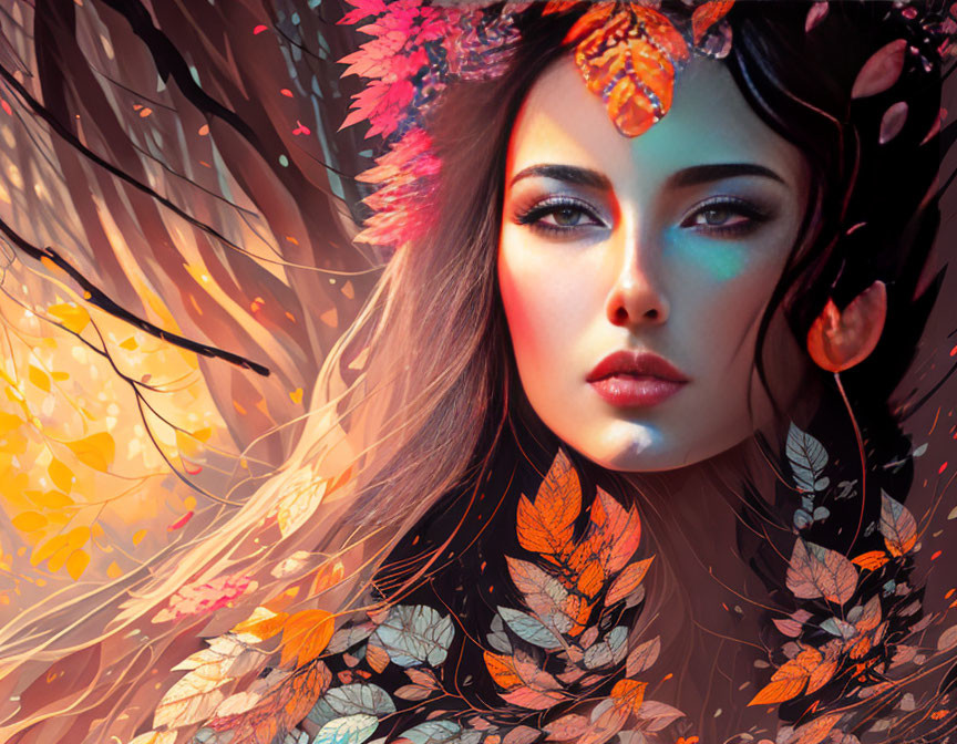 Vivid autumn leaves and butterfly in warm, colorful artwork