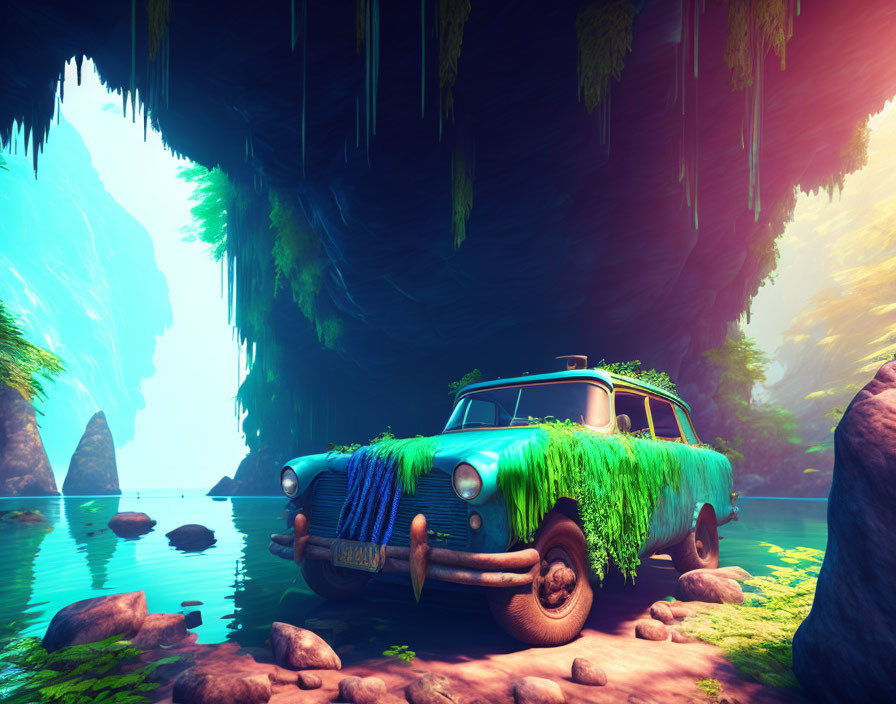 Abandoned vintage car covered in moss and vines in mystical cave