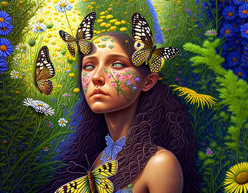 Digital artwork: Woman with butterflies and vibrant flowers