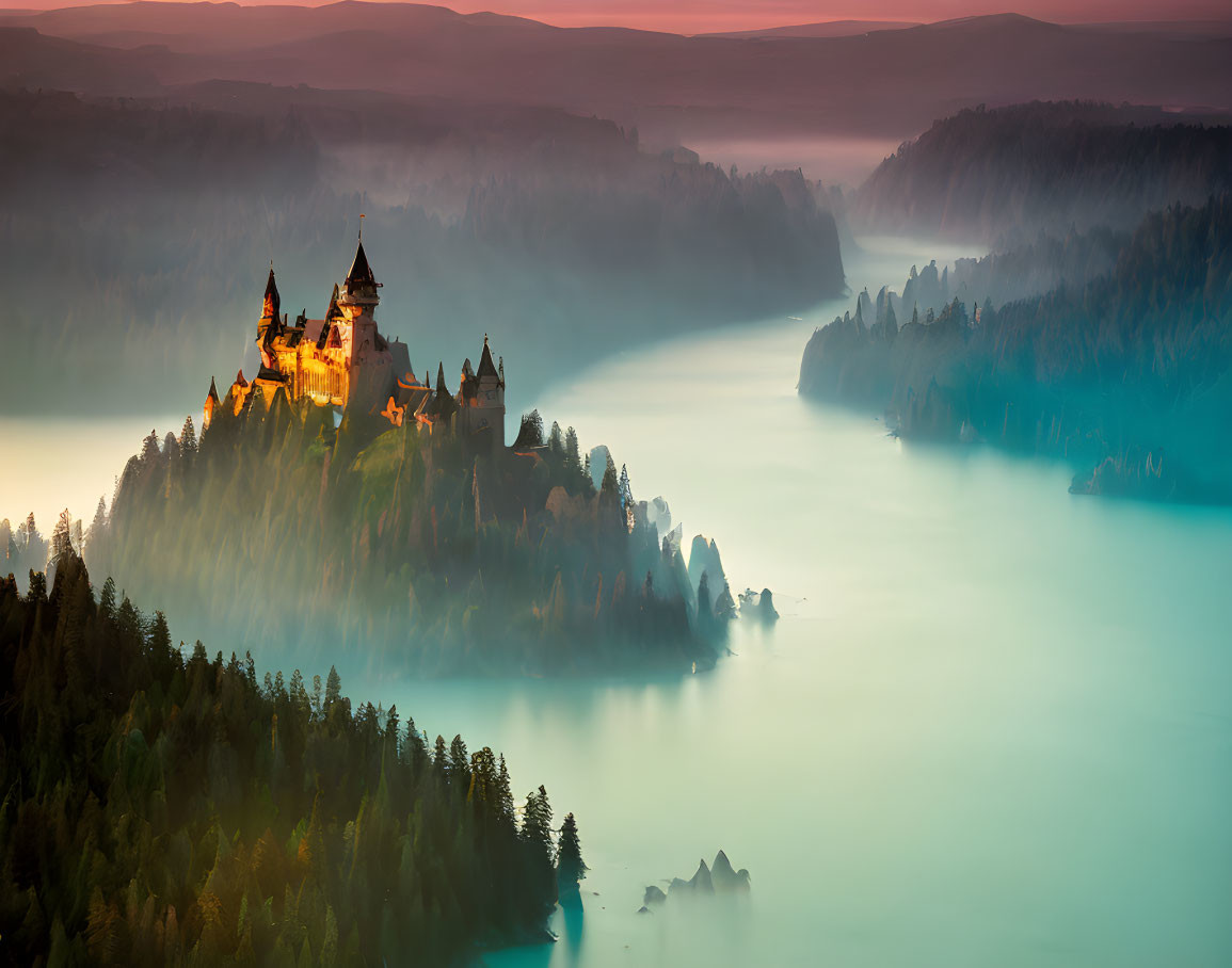 Castle on Hill Surrounded by Mist at Sunrise