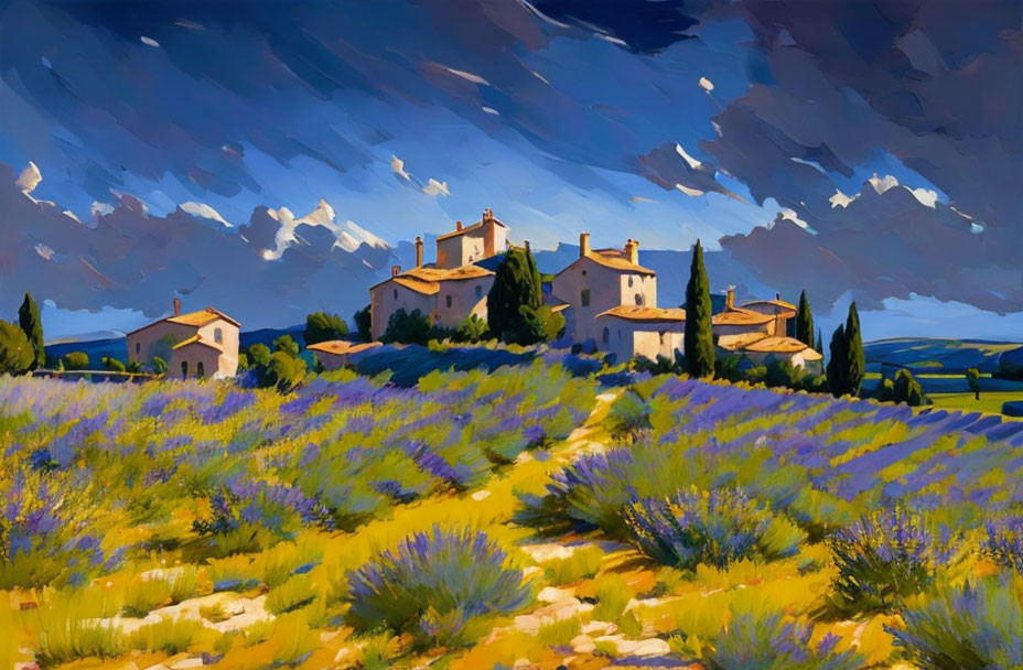 Colorful rural landscape with lavender fields and houses under a dynamic blue sky