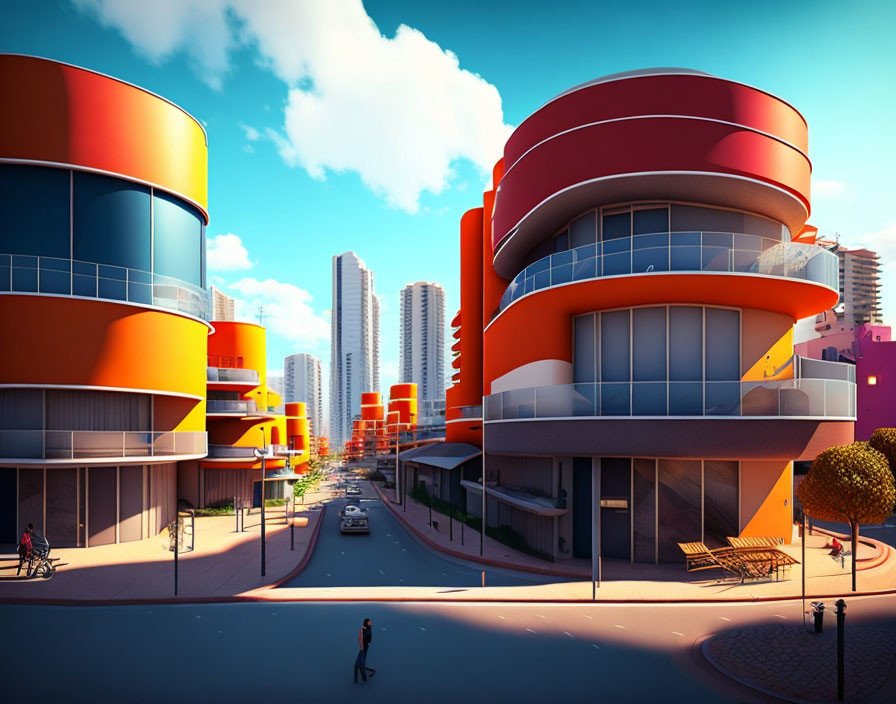 Vibrant futuristic cityscape with pedestrians and high-rises under blue sky