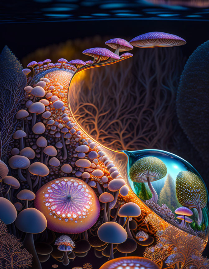 Colorful digital artwork: stylized mushrooms, intricate patterns, glowing bubble on dark background