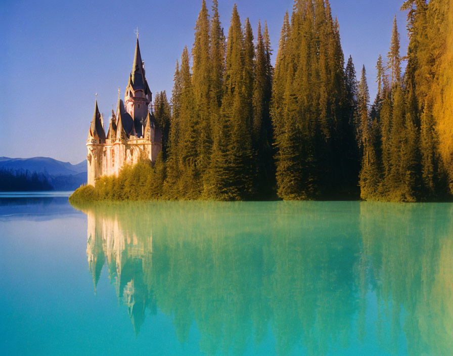 Tranquil lake with castle, coniferous trees, and blue sky