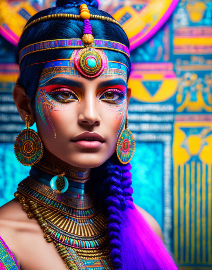 Woman adorned in tribal face paint and jewelry on blue background