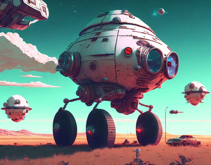 Futuristic spherical robots with multiple legs in alien desert landscape