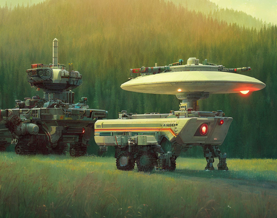 Futuristic tank, missile launcher, rover with robotic legs in forest setting