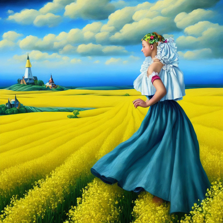 Woman in traditional attire walking through vibrant yellow field with flower crown.