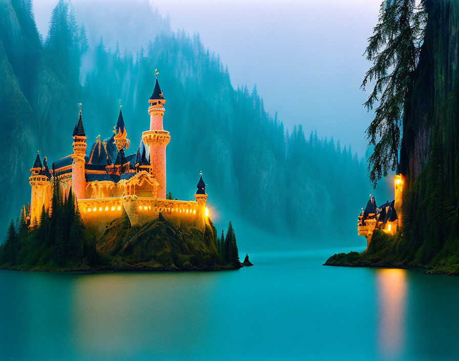 Illuminated Fairytale Castle at Twilight Reflected on Tranquil Lake