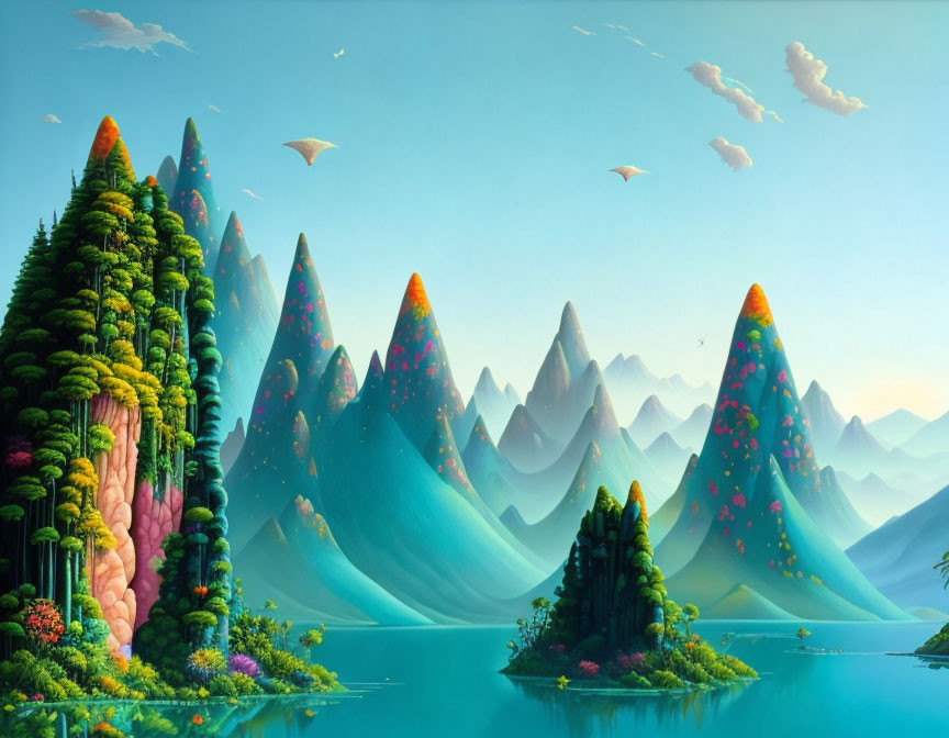 Colorful Mountain Peaks and Serene Waters in Fantasy Landscape