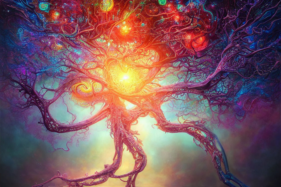 Surreal tree with glowing orbs against colorful nebula backdrop