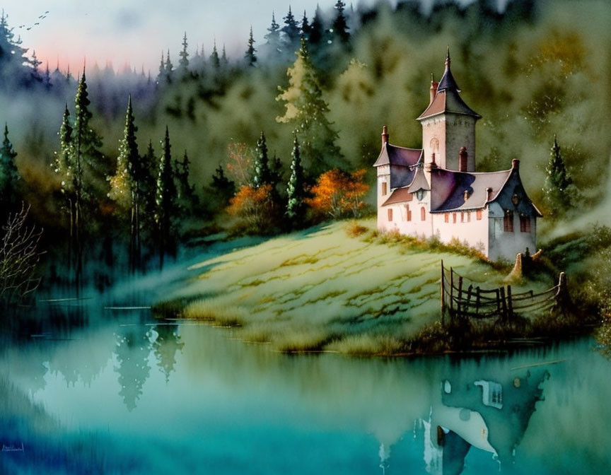 Tranquil watercolor: castle by misty lake, autumn forests, vibrant sky