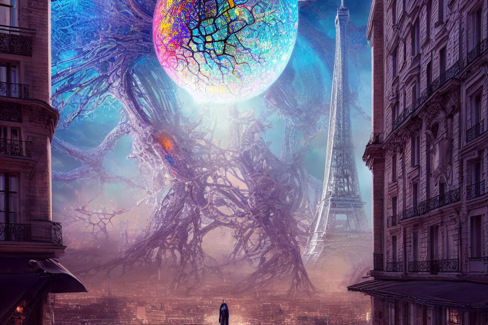 Surreal landscape with giant tree, colorful orb, Eiffel Tower, and Parisian buildings