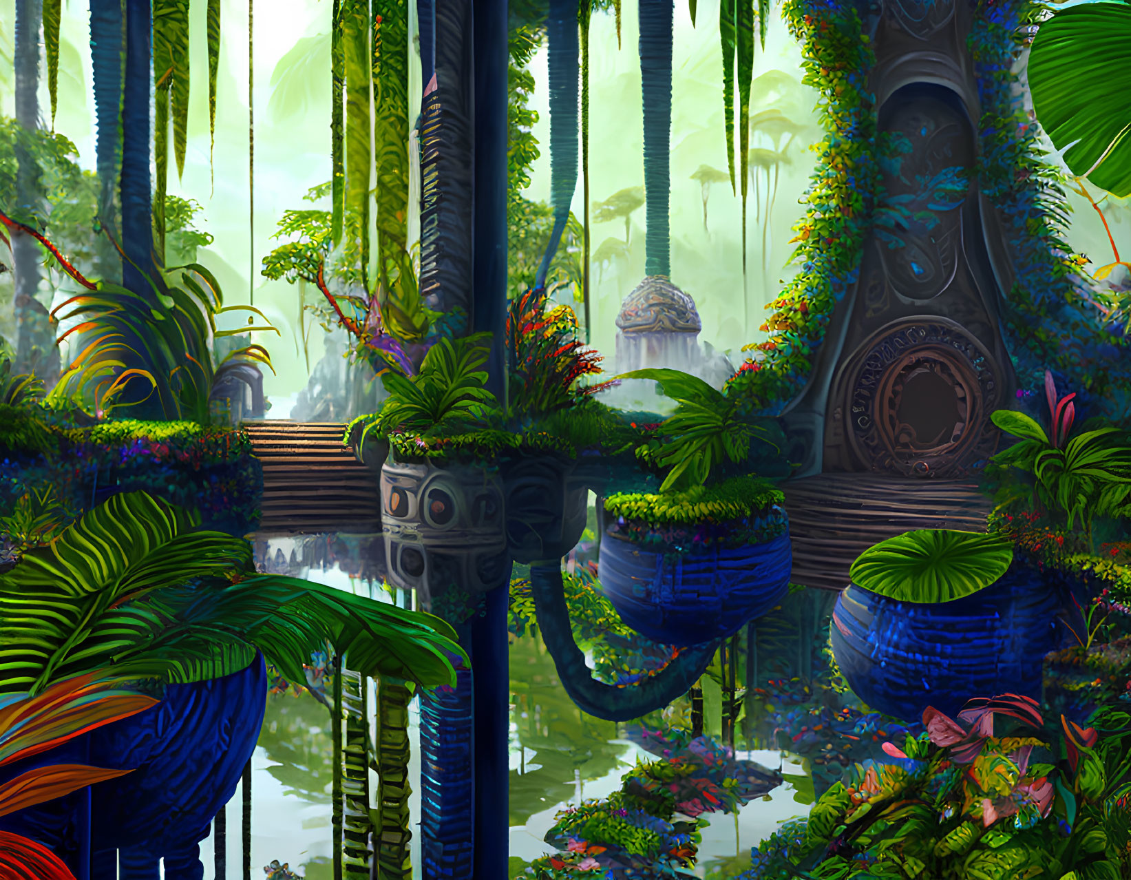 Lush jungle scene with ancient stone structures and serene water body