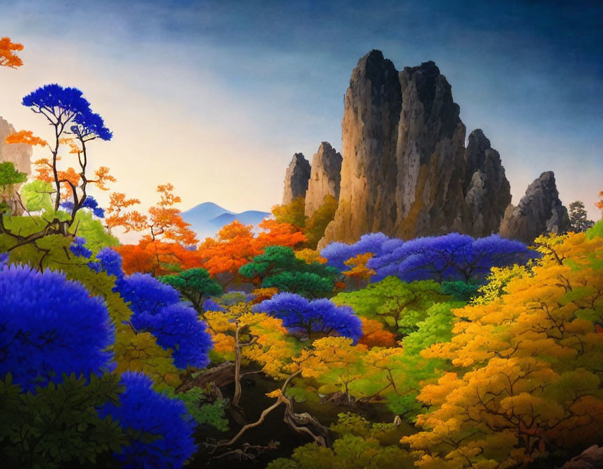 Colorful landscape painting: mountain peak, vibrant trees, blue, purple, orange foliage