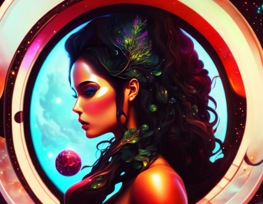 Digital artwork of woman with botanical hair in cosmic setting