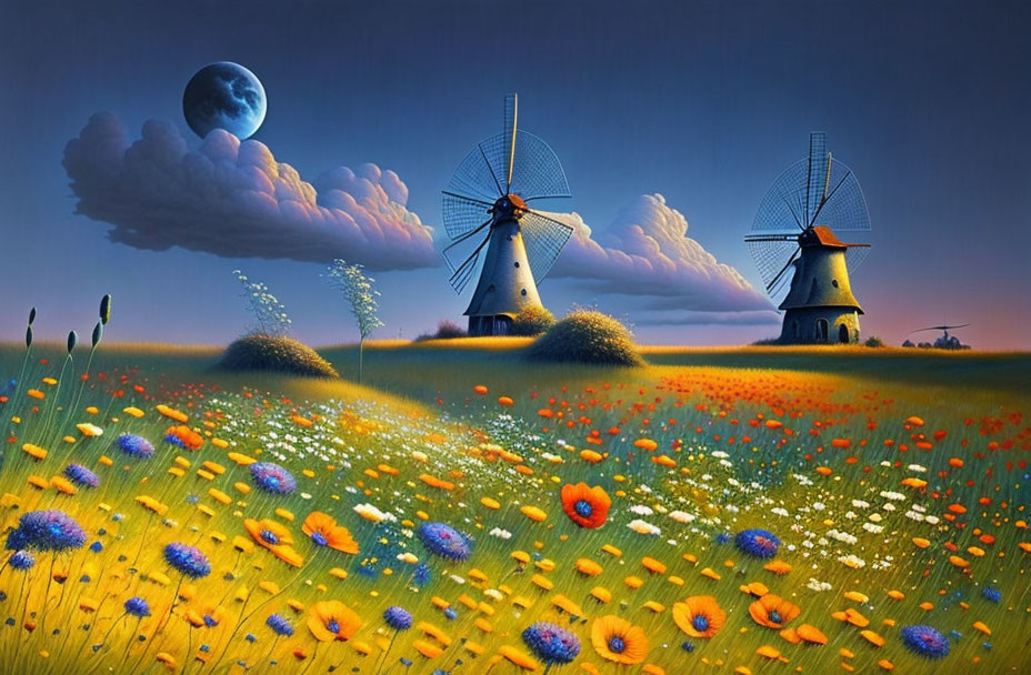 Vibrant flowers, windmills, blue moon in surreal landscape