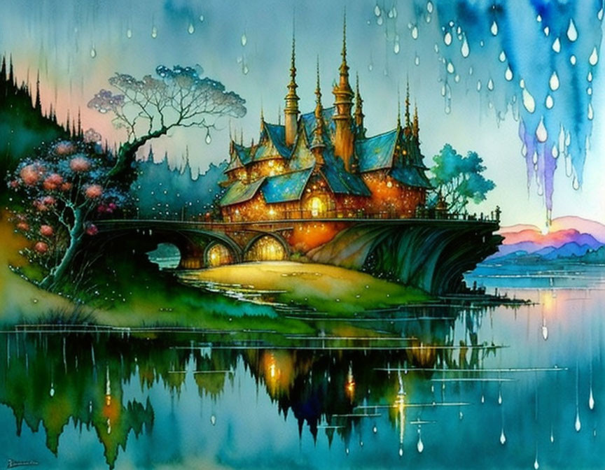 Fantasy landscape with glowing castle, arched bridge, river, trees, and twilight sky