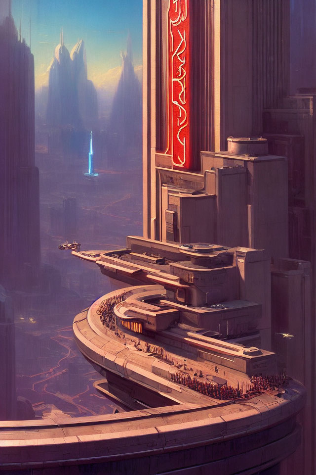 Futuristic cityscape with towering structures and figures on platform