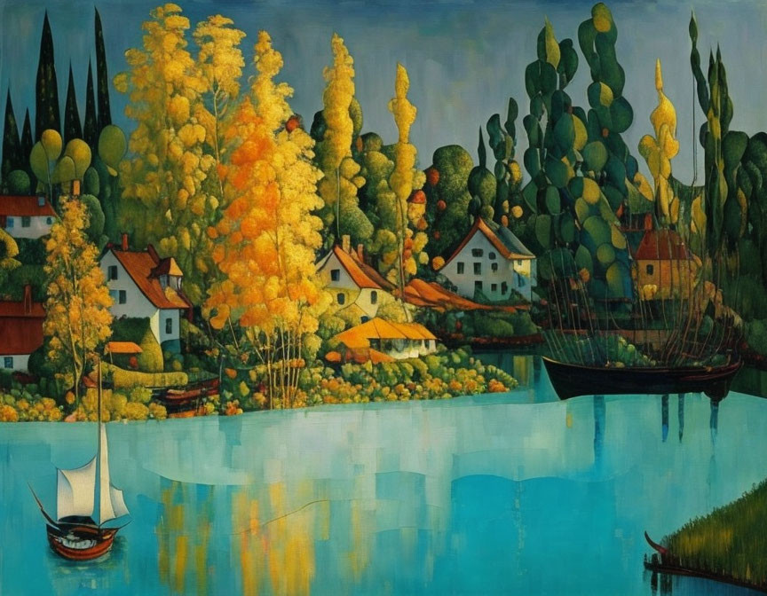 Tranquil lakeside village painting with sailboats, colorful foliage, and tall trees