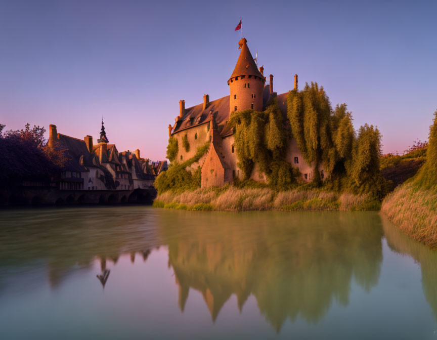 Castle with Conical Tower and Ivy Reflected in Sunset Waters