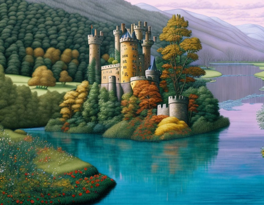 Fantasy castle with towers on island surrounded by lake and autumn trees