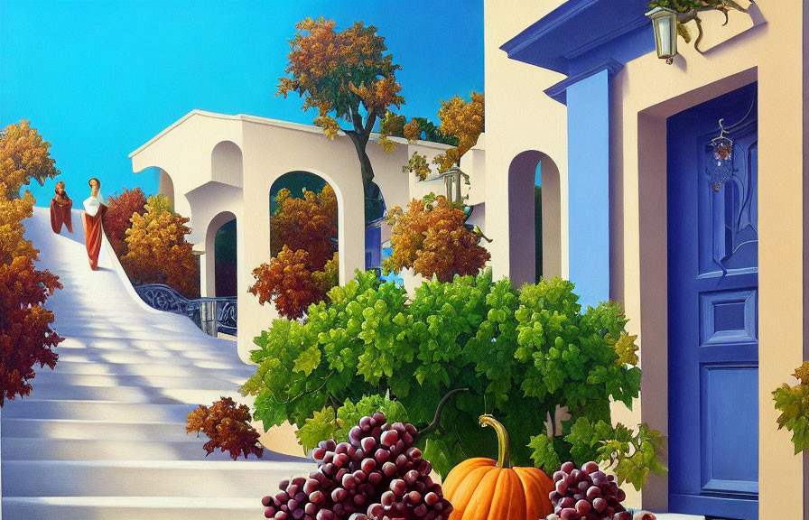 Colorful Mediterranean Scene with Blue Doors, White Walls, and Grapevines