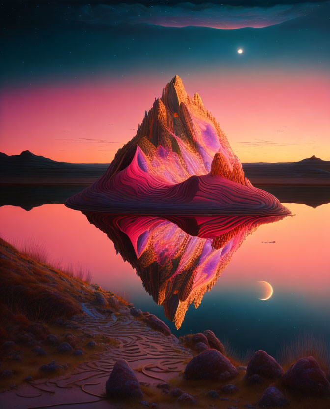 Surreal landscape with floating rock formation and two moons