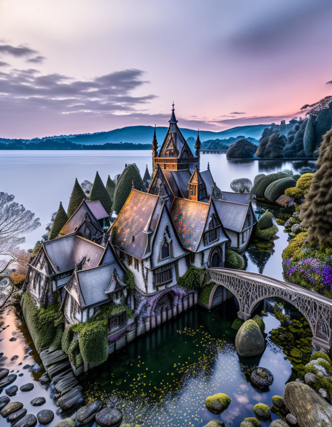 Castle with spires and detailed architecture by serene lake at sunset