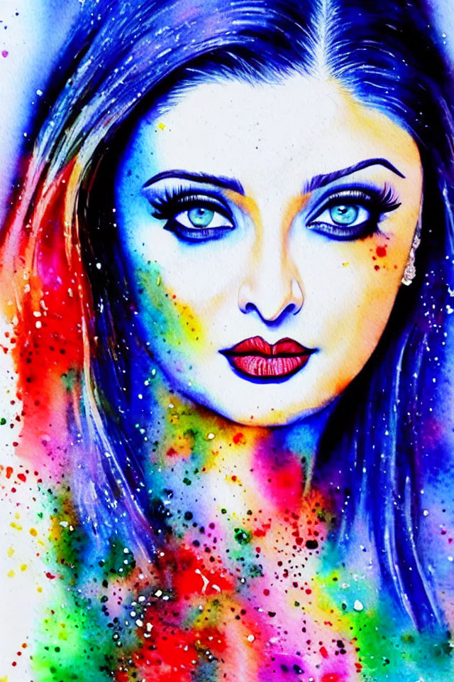 Colorful Watercolor Portrait of Woman with Blue Eyes and Rainbow Background