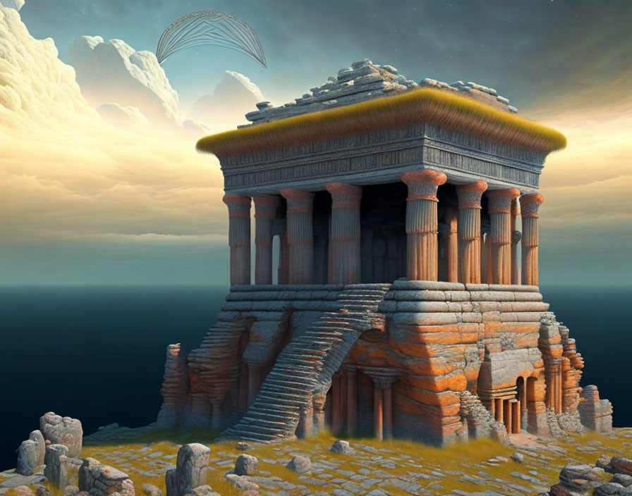 Ancient temple with grand columns on high cliff by sea and mystical floating arcs.